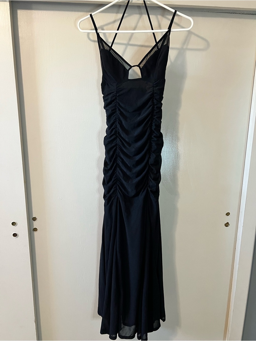 NWT ASOS DESIGN Black Sheer Ruched Godet Maxi Dress US 4